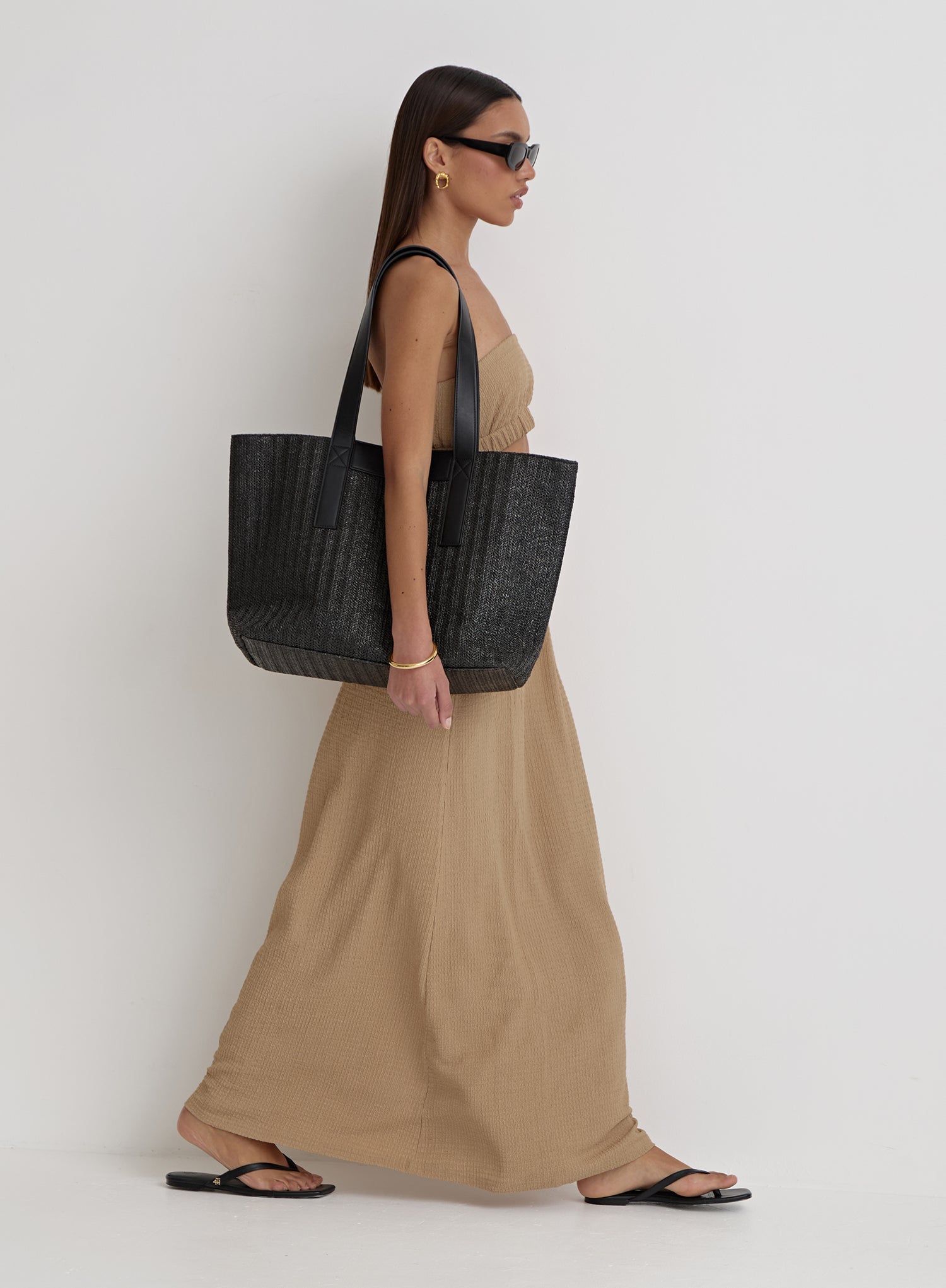 Camel Textured Cut Out Bandeau Maxi Dress